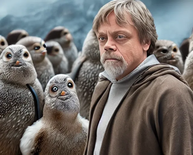 Image similar to Mark Hamill as Luke Skywalker standing with a flock of 10,100 Porgs.