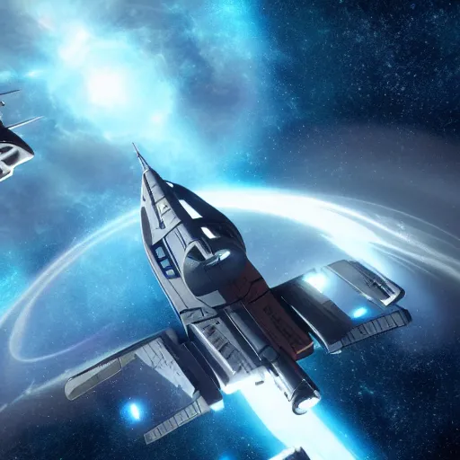 Image similar to a starship flying through space, star trek, 8 k, highly detailed, science fiction scene, artstation