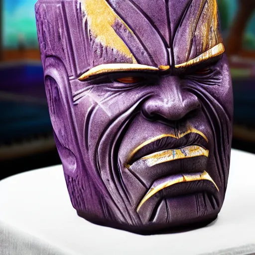 Image similar to a closeup photorealistic photograph of a glossy thanos style tiki mug sitting at a trader vic's bar featuring the face of thanos. tiki party. bright scene. fine detail. this 4 k hd image is trending on artstation, featured on behance, well - rendered, extra crisp, features intricate detail, epic composition and the style of unreal engine.