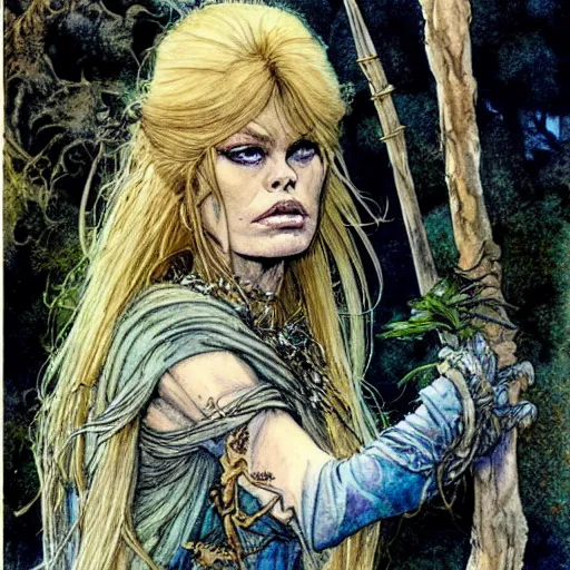 Prompt: a realistic and atmospheric watercolour fantasy character concept art portrait of brigitte bardot as a druidic warrior wizard looking at the camera with an intelligent gaze by rebecca guay, michael kaluta, charles vess and jean moebius giraud