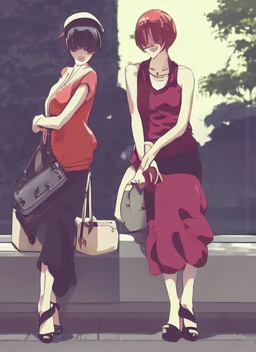 Image similar to two beautiful mature women waiting at a bus stop, summer clothes, gorgeous faces, thick lines, cinematic lighting, detailed anime art