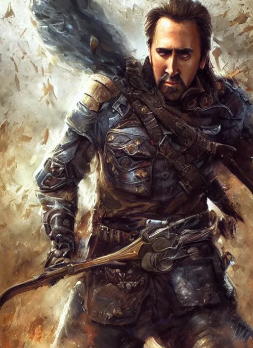 Image similar to highly realistic nicholas cage as a ranger painted by raymond swanland