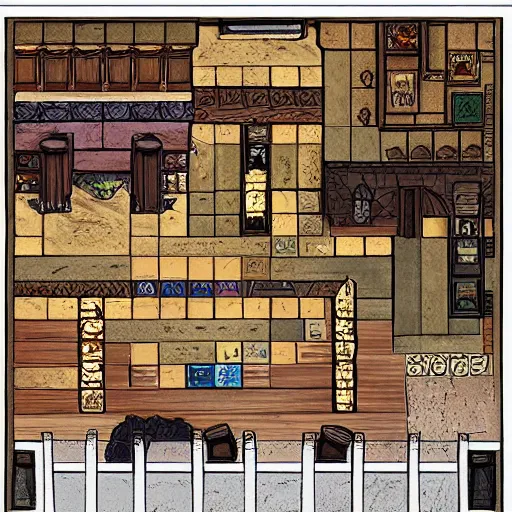 Image similar to tavern interior dungeons and dragons color map, dungeondraft, many room, fireplace