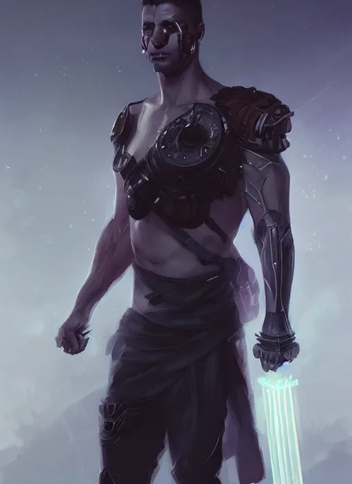 Prompt: « a full length portrait of a muscular cyberpunk male warrior, jesus, glowing eyes, a digital painting by charlie bowater, featured on cgsociety, fantasy art, behance hd, wiccan, artstation hd »