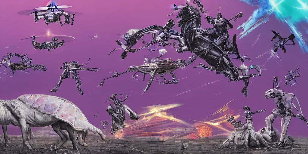 Prompt: neurotic depiction of a battle between horses riding drones and cybernetic, military cats on turtles, detailed shot, y 2 k aesthetic, dark purple background, bonestell, chesley, 4 k