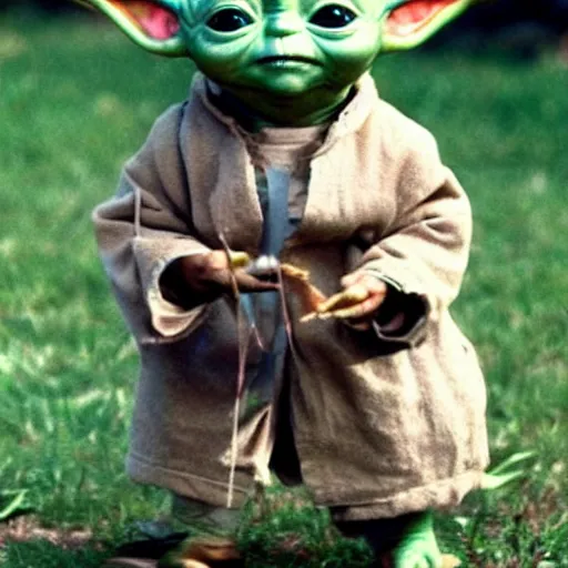 Prompt: baby yoda performing his music at woodstock in the 70s