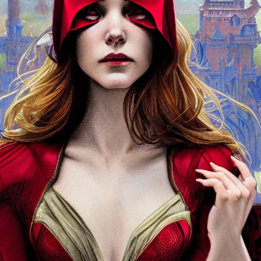 Prompt: Erin Moriarty as Scarlet Witch, Marvel Universe, highly detailed, digital painting, artstation, concept art, smooth, sharp focus, illustration, ArtStation, art by artgerm and greg rutkowski and alphonse mucha and J. C. Leyendecker and Edmund Blair Leighton and Katsuhiro Otomo and Geof Darrow and Phil hale and Ashley wood and Ilya repin and Charlie Bowater