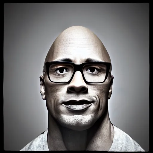 Prompt: the scrawny dwayne the rock johnson's face wearing nerd glasses