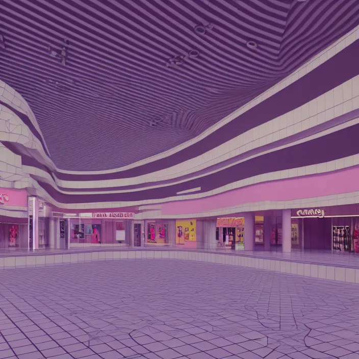 Image similar to vaporwave 7 0 s dreamy empty empty shopping mall, highly detailed, 3 d render, vray, octane, realistic lighting, photorealistic