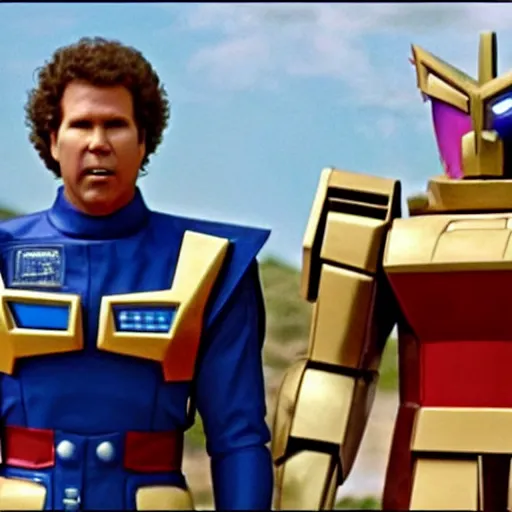 Prompt: will ferrell wearing a gundam suit, live action film