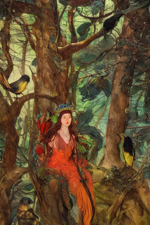 Image similar to the queen of the forest with her birds, by Annie Swynnerton and Nicholas Roerich, elaborately costumed, rich color, dramatic cinematic lighting, smooth, sharp focus, extremely detailed, featured on artstation