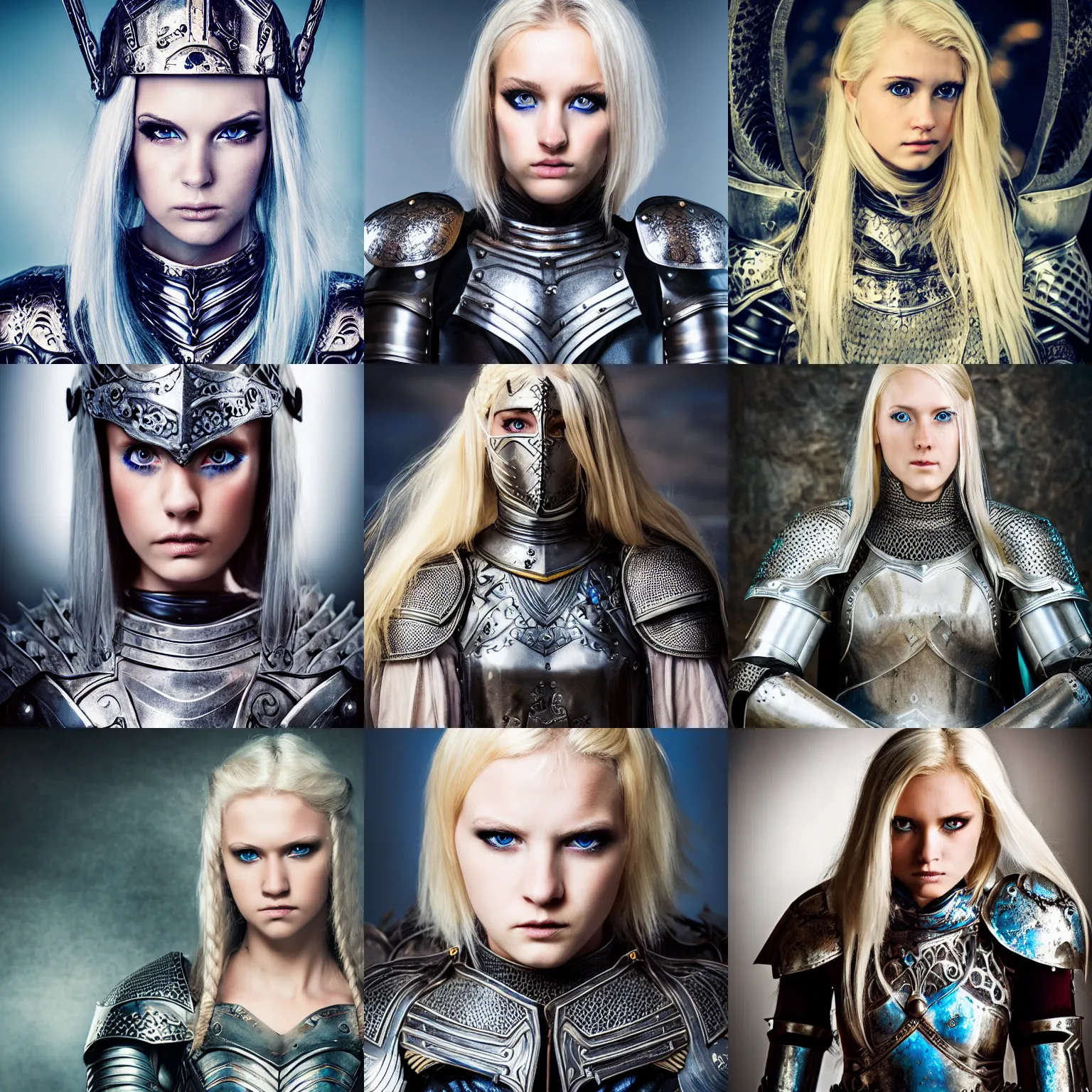 Prompt: a weary, beautiful female knight in ornate heavy armor, blonde hair, blue eyes, fantasy, portrait photography, symmetrical