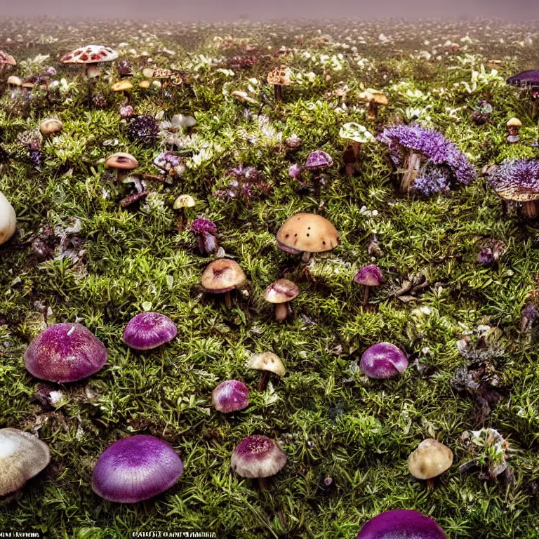 Image similar to a planet of various fungus, mushrooms, flowers and plants, inside the picture is infinity, Atmospheric, artistic photography, conceptual, long exposure outside the city, volumetric light