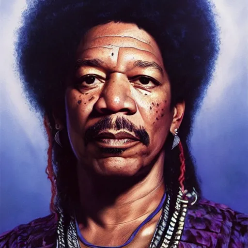 Image similar to UHD movie still of Morgan Freeman as Jimmy Hendrix, by Antonio Caparo and Ferdinand Knab and Greg Rutkowski, UHD, photorealistic, trending on artstation, trending on deviantart