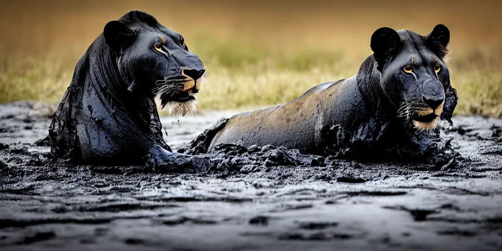 Image similar to a black lioness, made of smooth black goo, bathing inside the lake of black goo, viscous, sticky, full of tar, covered with black goo. dslr, photography, realism, animal photography, color, savanna, wildlife photography, black goo