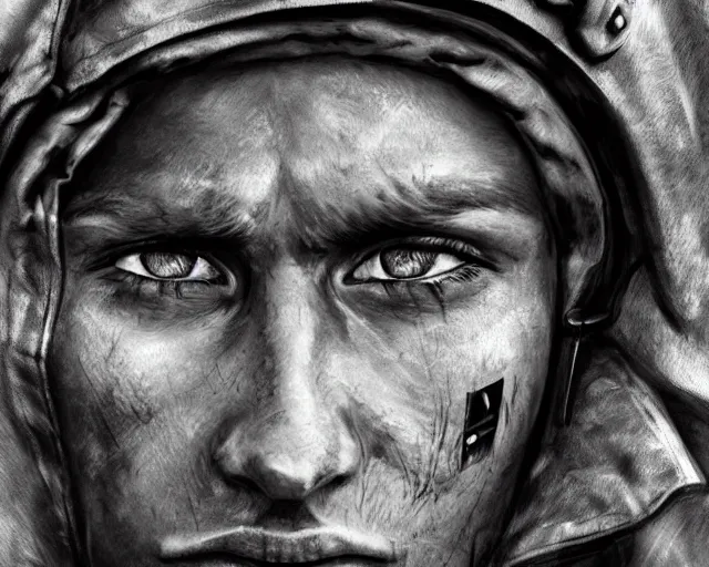 Image similar to A soldier in despair in a world war 1 trench, close-up, realistic face, beautiful face detail, black and white, amazing digital art, hyper detailed, artstation, in the style of Tony Sart