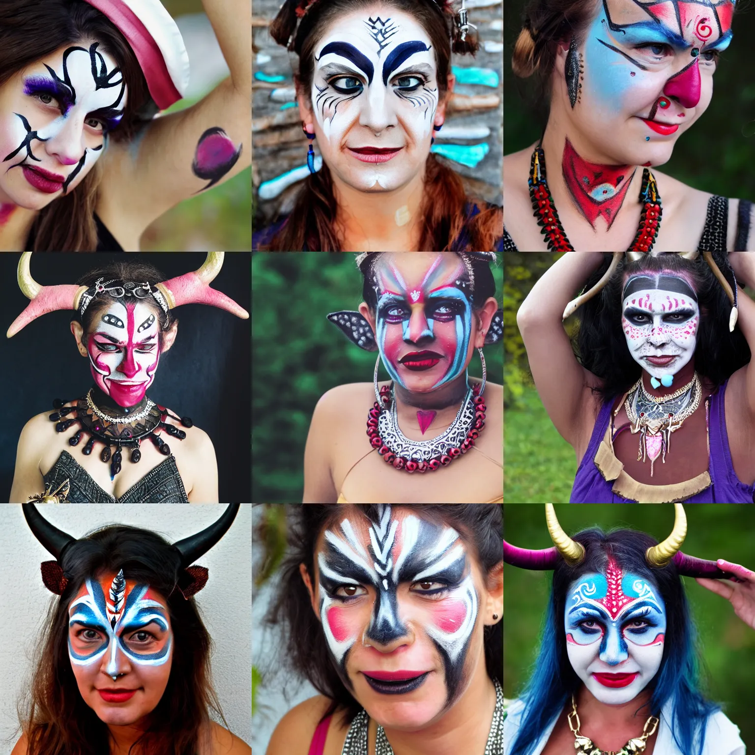Prompt: a woman with horns, necklace and face painting