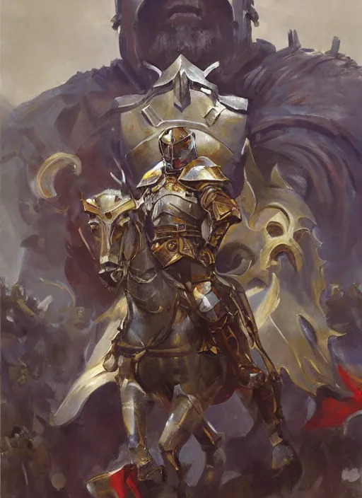 Prompt: a highly detailed paladin portrait with armour, fantasy, by gregory manchess, james gurney, james jean