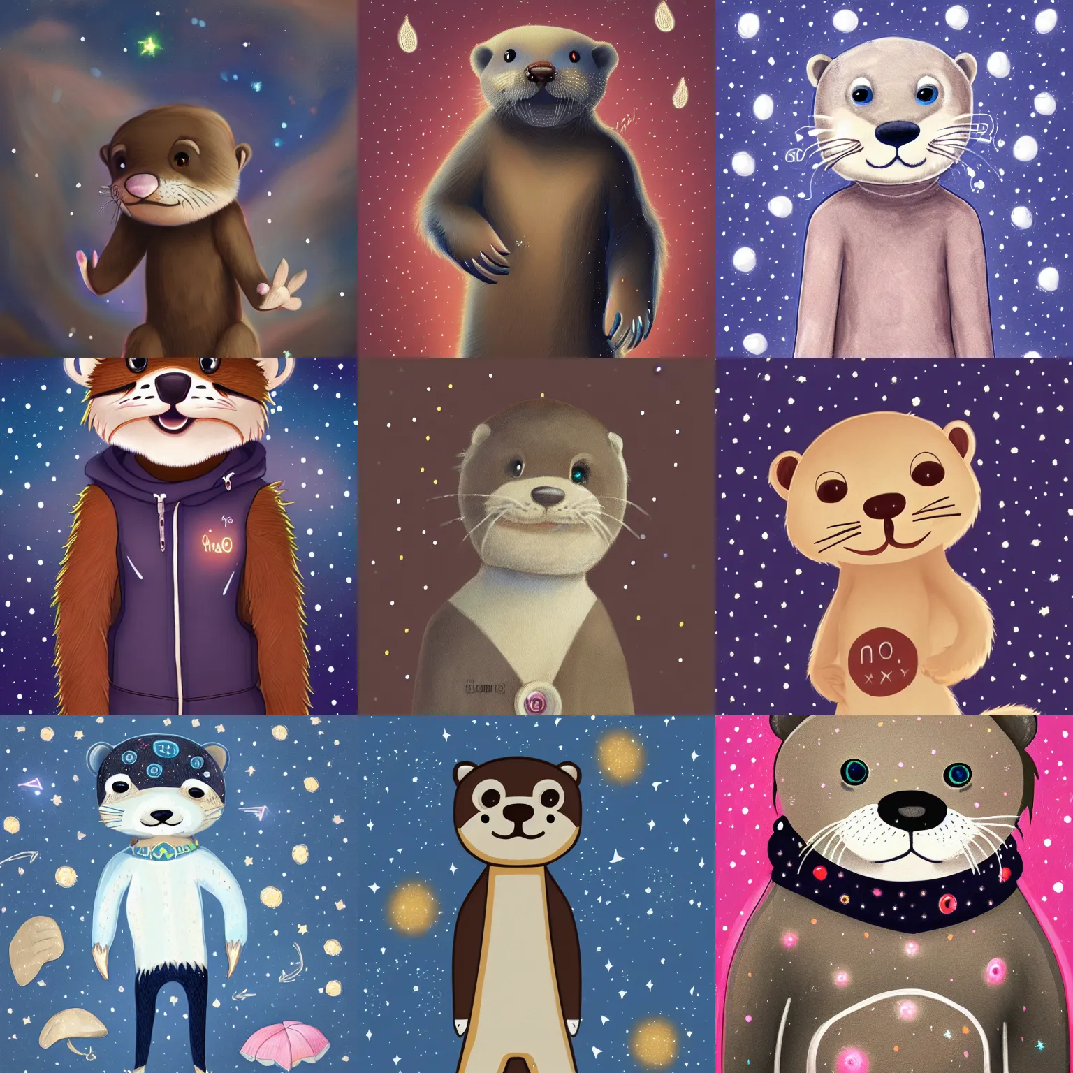 Prompt: anthropomorphic furry otter wearing clothing with constellations on them, trending on art station, furaffinity, soft lighting, painting