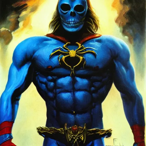 Image similar to ultra realistic portrait painting of skeletor as spiderman, art by frank frazetta, 4 k, ultra realistic, highly detailed, epic lighting