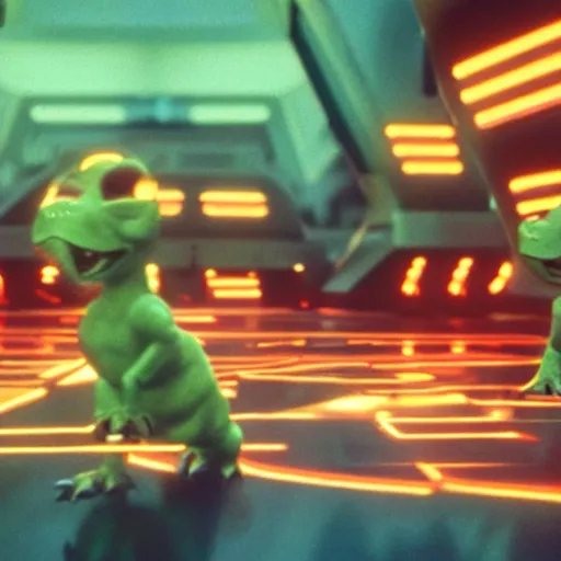 Image similar to baby dinosaurs in tron movie, cinestill