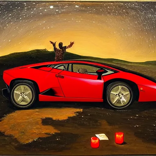 Prompt: a man pointing to the northern star in the sky, lamborghini red car in the background, over - the - shoulder shot, night time, middle ages, wide angle, oil painting