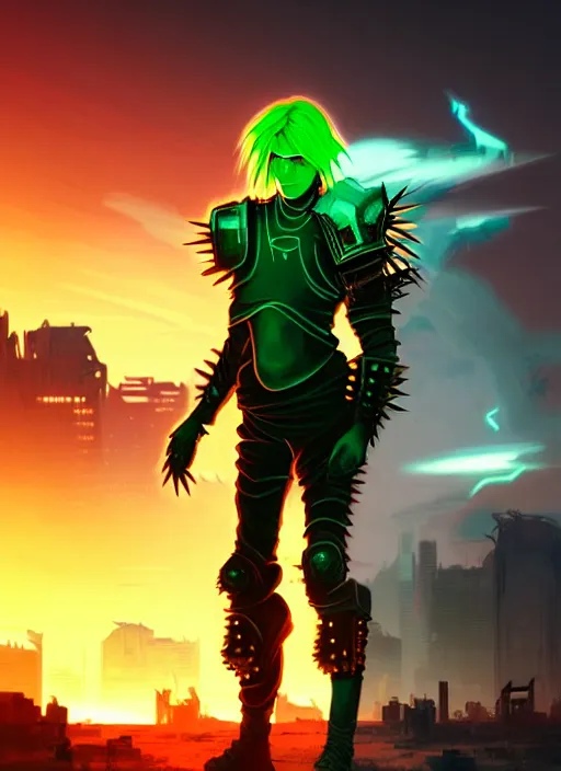 Image similar to a striking cinematic full body portrait of a male warrior with long blonde hair and blue eyes wearing evil green spiked cyberpunk armour and standing in the desolate burning ruins of a futuristic city by hirohiko araki and beeple, fine details, digital art, character concept art, volumetric lighting, cinematic light