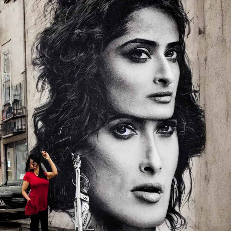 Prompt: Street-art portrait of Salma Hayek in style of Banksy, long hair like a waves around the face, photorealism, Sony a7R