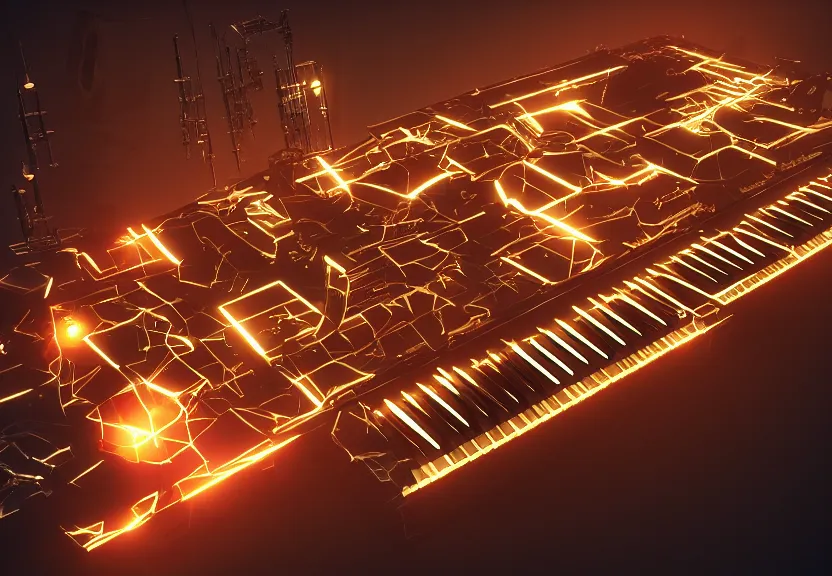Prompt: A Glowing Power Generator made of Musical Instruments, Render, Concept art, power, mechanical, gears, piano keys