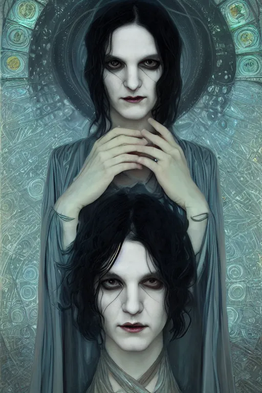 Prompt: portrait of brian molko as delirium of the endless, the sandman, grey clothes, in persian temple wet night, sci - fi and fantasy, intricate and very very beautiful and elegant, highly detailed, digital painting, artstation, concept art, smooth and sharp focus, illustration, art by tian zi and wlop and alphonse mucha