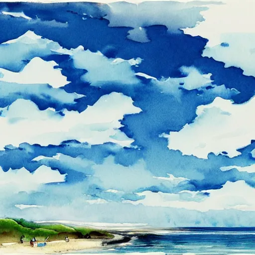 Image similar to the soaring sky with clouds above a beach below, watercolor, by japanese masters, 4 k, beautiful, strong colors, surreal, trending on artstation,