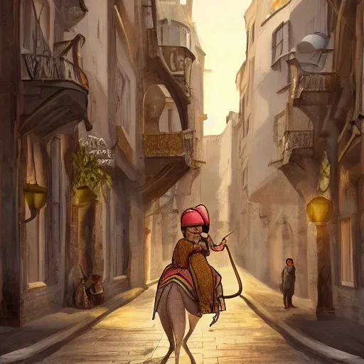 Prompt: A cute mouse riding a camel through a narrow street London, digital art, trending on Artstation