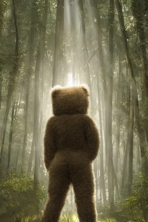 Image similar to helmetless Crysis Nanosuit worn by a fluffy teddybear, a forest with rays of light coming through the canopy, masterpiece, dystopian, sci-fi, extremely detailed, digital painting, sculpted in zbrush, artstation, concept art, smooth, sharp focus, illustration, chiaroscuro lighting, golden ratio, incredible art, artgerm, greg rutkowski, alphonse mucha, simon stalenhag, carravaggio