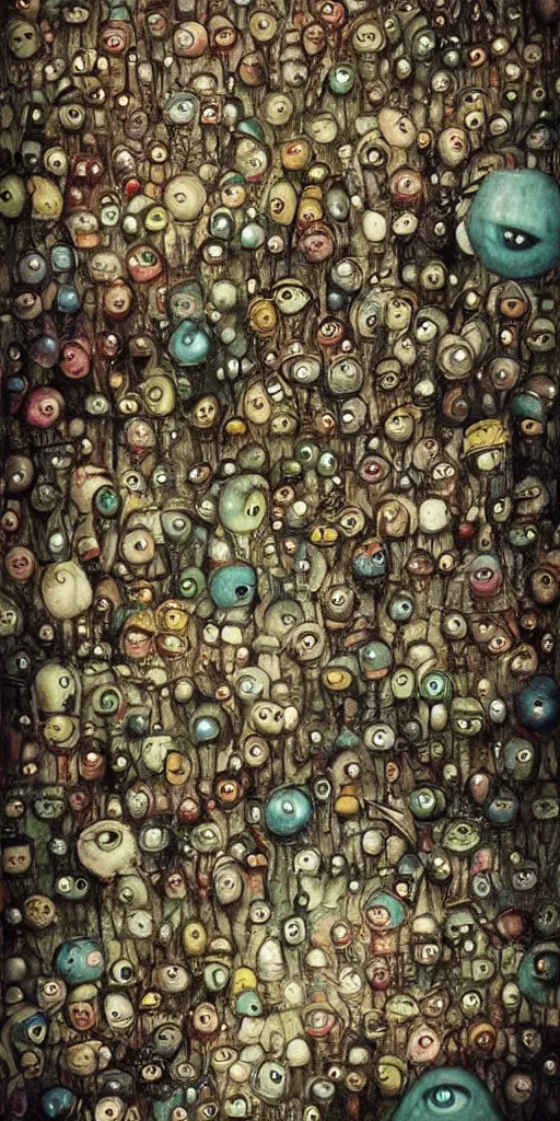 Prompt: an eyeball junkyard scene by alexander jansson and where's waldo