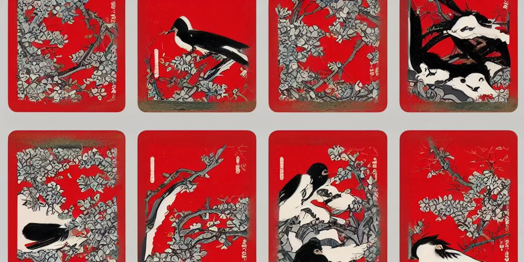 Prompt: hanafuda, four cards for january set, trending on behance, concept art, stunning, matte