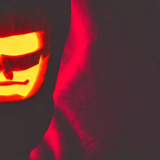 Prompt: pumpkin headed man with smokey glowing red eyes.