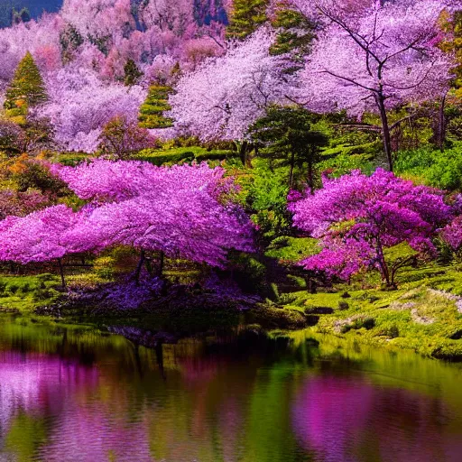 Image similar to forest and lakes with purple Sakura flowers with snow mountains at the background, masterpiece