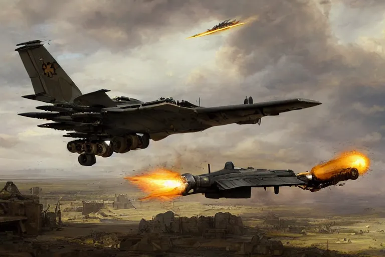 Image similar to A steampunk A10 fairchild republic warthog a close support fighter plane shooting it's gatling gun, mattepainting by Greg Rutkowski Raphael Lacoste and John Berkey, realistic, raytracing, trending on Artstation