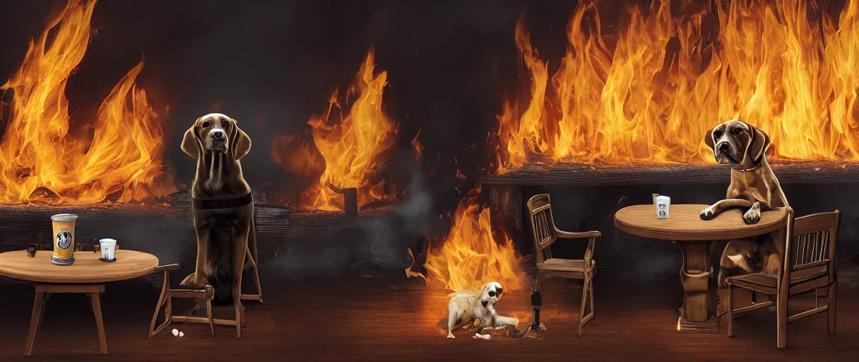 Image similar to a photograph (flash on) of a huge fire on a dining room in the background, in the foreground a relaxed anthropomorphic dog surrounded by flames, sitting on a wooden chair at a table (no fire at all there), there is a cup of coffee on the table, a lot of flames behind the dog, black smoke instead of the ceiling, no watermark