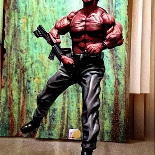 Image similar to advertising print 12 inch full body lifelike action figure of Sylvester Stallone as Rambo. Big muscles. Holding a fully automatic rifle