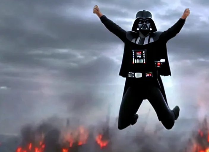 Image similar to film still of Darth Vader jumping up in joy over his great success in the new Star Wars movie, 4k