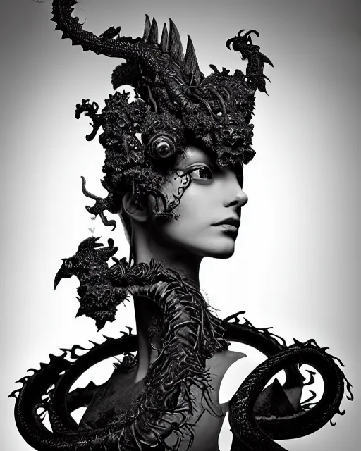 Image similar to dark background, a black and white high quality dreamy photo of a young beautiful female queen-dragon-vegetal-flower-cyborg bust with a very long neck and delicate Mandelbrot fractal face, elegant, highly detailed, flesh highly baroque ornate, hair are curled wired cables, elegant, poetic, soft, dreamy, mysterious, high fashion, rim light, in the style of Ellen von Unwerth, Realistic, Refined, Digital Art, Highly Detailed, Cinematic Lighting, rim light, black and white, photo-realistic, 8K