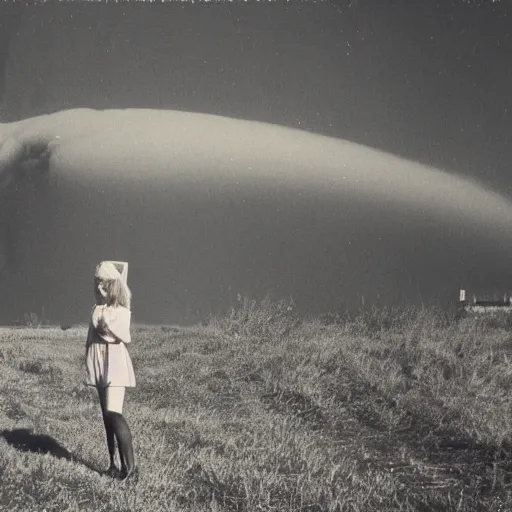 Prompt: analog photograph of a young woman in 60s fashion, looking over her shoulder at a nuclear bomb explosion, film grain, color bleed, bokeh, depth of field