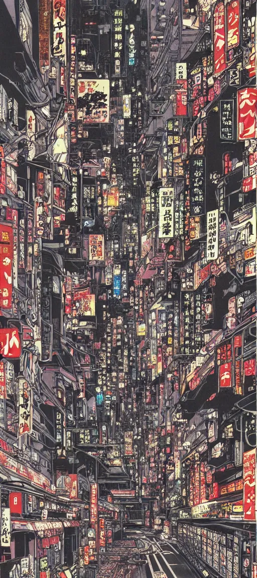 Image similar to beautiful hypercomplex anime drawing of an AKIRA-like cyberpunk city landscape, japan at night, 1980s, by Katsuhiro Otomo, wide angle, grand