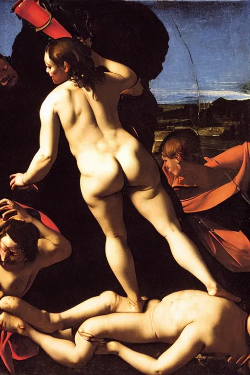 Prompt: bikini girl on the cross by caravaggio