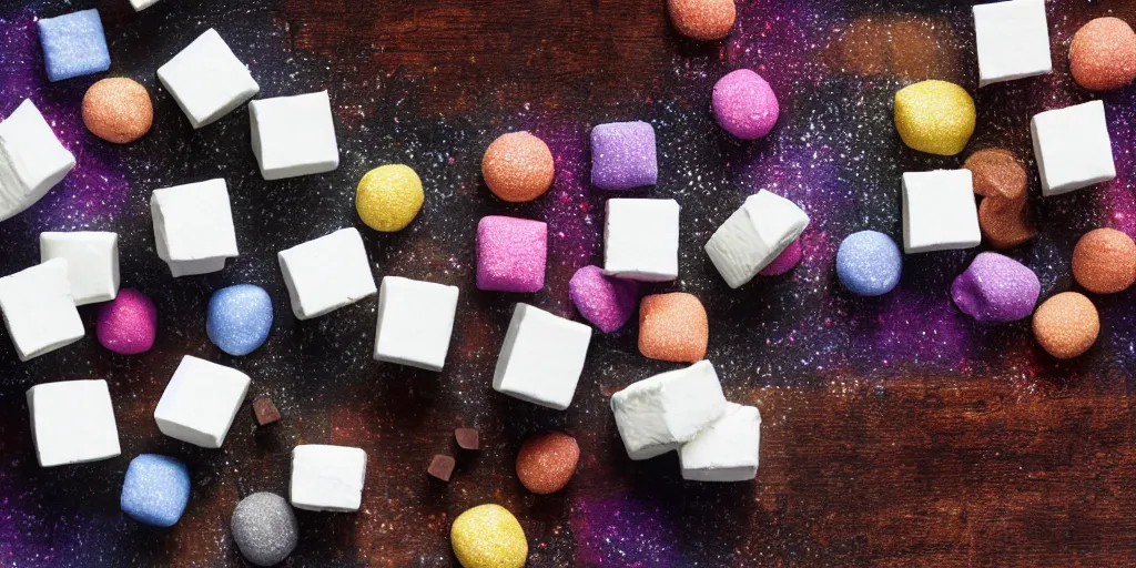 Image similar to photograph of a marshmallow cubes with sprinkles and on a dark wooden chopping board, pastel colours, hessian cloth, styled food photography, photorealistic, 4 k, coffee, chocolate, hdr, 8 k