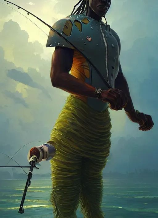 Image similar to portrait of a jamaican fisherman sci - fi fishing armor muscular cyberjamaicanpunk intricate elegant highly detailed digital painting artstation concept art, greg rutkowski, loish, rhads, ferdinand knab, makoto shinkai and lois van baarle, ilya kuvshinov, rossdraws, tom bagshaw