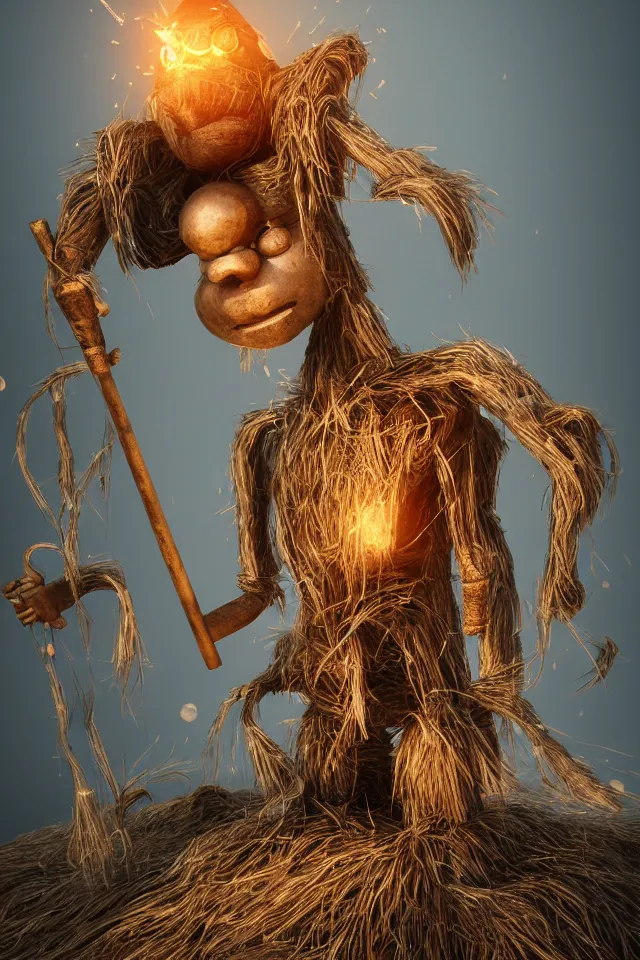 Prompt: beautiful octane render portrait of a big wooden scarecrow, floating particles, sparks, made of wood holding a very shiny metallic aluminium rustic axe, bokeh, soft focus, f 1. 8, unreal engine, particles, raytracing