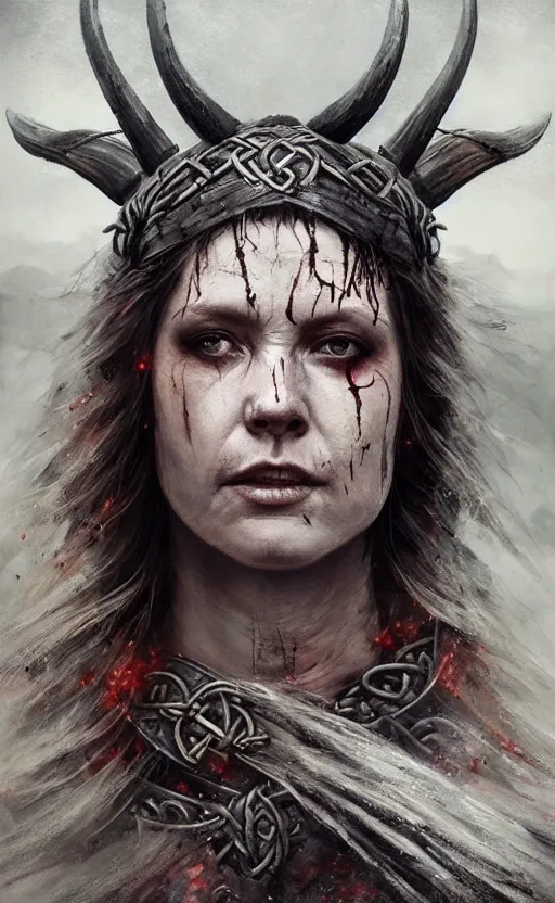 Image similar to Official photo of a majestic fierce viking woman, leader, fear, scarred, highly detailed, viking attire, cinematic, 8k, 1080s, by Stanley Artgermm, Tom Bagshaw, Greg Rutkowski, Vincent di Fate, Carne Griffiths, Ayami Kojima, trending on DeviantArt, hyper detailed, full of color, digital art, valhalla, Game of Thrones