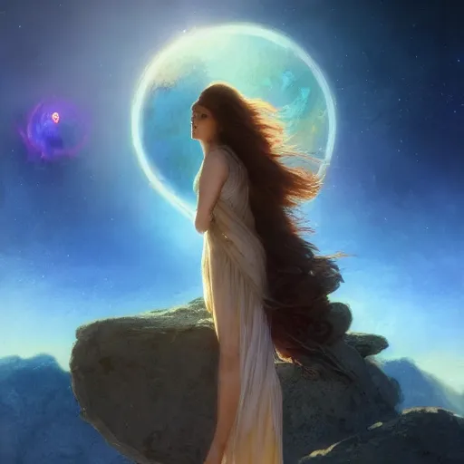 Image similar to A beautiful woman with long, flowy hair standing on a rock, witnessing two planets colliding in space. illustrated by Greg Rutkowski and Gaston Bussiere, trending on artstation, artstation futurism, artstation photography, subsurface scattering, bottom view, 4k, 8k